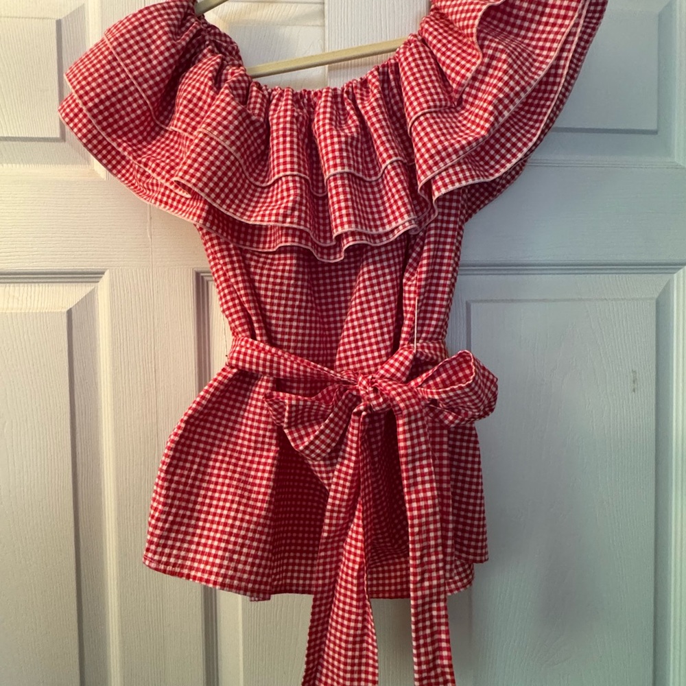 Who What Wear Red Gingham Ruffle Top